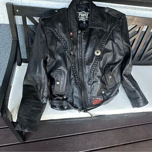 Vintage First Black Leather Motorcycle Jacket, Size 46/ XL